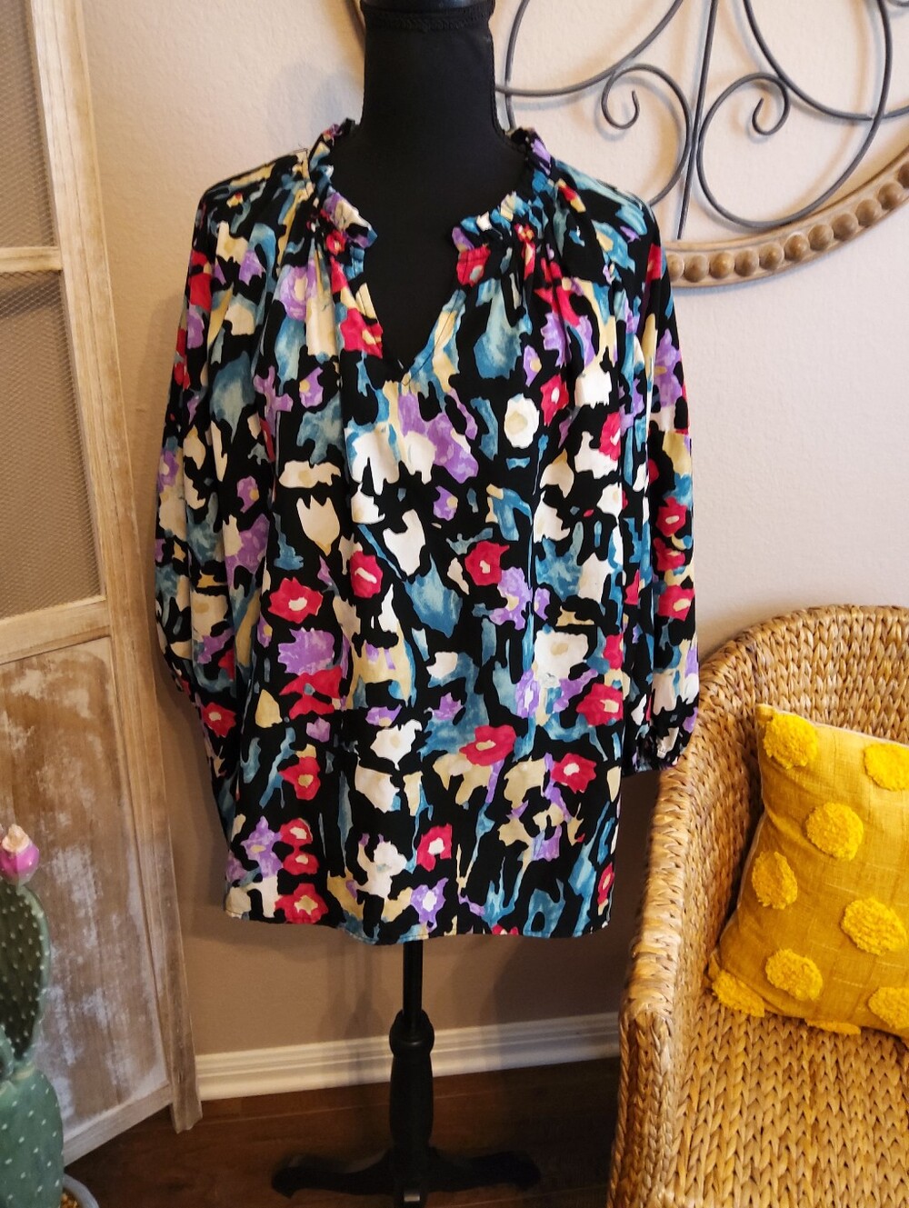 entro Black Floral V-Neck Blouse with Multicolor Print